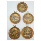 Vintage Silver-Plated Glass Starburst Coasters; Vintage Woodcroftery Wooden Framed Round Mini Prints