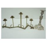 Antique Victorian Silver Toned Candlestick 10.5" tall (silver-plated?); Vintage Brass Accordion Folding Five-Arm Candelabra