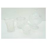 Vintage Anchor Hocking Prescut Clear Creamer and Sugar, Biscuit Barrel/Cookie Jar, and Vintage Shannon Crystal Candy Dish in the Freedom pattern