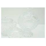 Vintage Anchor Hocking Prescut Clear Creamer and Sugar, Biscuit Barrel/Cookie Jar, and Vintage Shannon Crystal Candy Dish in the Freedom pattern