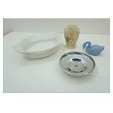 Vintage Consolidated Phoenix Glass Hummingbird and Trumpet Flower Pattern Vase, Kromex Lazy Susan for Serving Tray, Vintage KPM Berlin Porcelain Basket