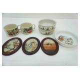 Vintage Huston Foods Soup Mugs 2ct, Hand-Painted Stoneware Bowls, Vintage Transferware made in Germany Baby Bowl, Vintage Wood Framed Oval Oil Painting Set 6.5"x5"