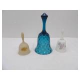 Blenko Art Glass Bell (has chip on edge), Fenton White Frosted Bell, Hand-Painted Signed daisy on cameo bell