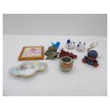 Blue and White Ceramic Chickens Salt and Pepper Shakers, Pig Portrait, Fenton White Iridescent Swan and more