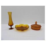 Vintage Amber Bud vase 9.25", Amber dish , Amber lidded candy dish
