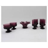 Amethyst Handkerchief Bowl, Tiffin Fransciscan Madeira Amethyst Purple Plum Footed Sherbet Glasses, and Glasses