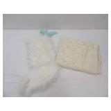 Off-White Lace Tablecloth, faux fur Christmas Stocking