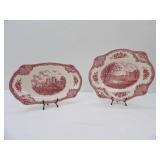 Johnson Brothers Old Britain Castles Pink Transferware Serving Platter and Oval Plate. Display Stands Included