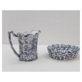 Vintage McCoy Pottery Blue and White Spongeware Pitcher and Scalloped Bowl Set