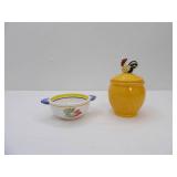 Quimper France Hand-Painted Rooster Bowl; Rooster Lidded Jar