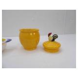 Quimper France Hand-Painted Rooster Bowl; Rooster Lidded Jar