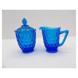 Vintage Fenton Colonial Blue Thumbprint Sugar and Creamer. Fenton Art Glass.