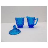 Vintage Fenton Colonial Blue Thumbprint Sugar and Creamer. Fenton Art Glass.