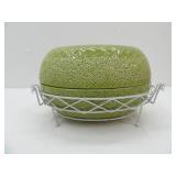 Temp-tations Presentable Ovenware Oval Casserole Dish in Green/floral and basket weave pattern. Comes with a matching metal stand