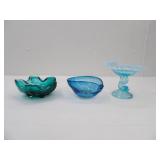 Murano Glass Teardrop Bowl, Fenton Compote Blue Dolphin Base, Blue Art Glass Bowl "bullicante" design