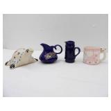 Mexican Folk Art Tonala Turtle, 1960s Vintage Carousel Pattern Pink and White Cup, Vintage Cobalt Blue Ceramic Creamer and Small Pitcher