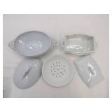 Vintage Semi Porcelain Footed Strainer Plate, Johnson Bros England Covered Casserole, Royal Ironstone Casserole