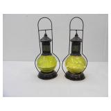 Pair of Decorative Metal and Green Glass Lanterns. (battery operated fairy lights inside) 14" tall