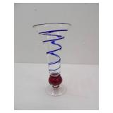 Hand-Blown Art Glass Trumpet Vase with a blue swirl design and red ball base