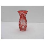 Vintage Bohemian Ruby Cut To Clear Glass Vase w/flared rim 6" tall