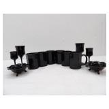 Vintage Fenton Black Amethyst Glass Lotus Flower Candle Holders; Arcoroc Octime Black Coffee Mugs; Black Stemmed Glasses