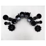 Vintage Fenton Black Amethyst Glass Lotus Flower Candle Holders; Arcoroc Octime Black Coffee Mugs; Black Stemmed Glasses