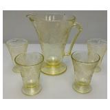 Vintage Hazel atlas Yellow Florentine No. 2 7 1/2" 28 Oz. Cone Footed Pitcher & Four Footed Glasses