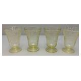 Vintage Hazel atlas Yellow Florentine No. 2 7 1/2" 28 Oz. Cone Footed Pitcher & Four Footed Glasses