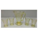 Vintage Hazel atlas Yellow Florentine No. 2 7 1/2" 28 Oz. Cone Footed Pitcher & Four Footed Glasses