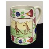 Antique Hand-Painted Stick Spatter Rabbit Ceramic Mug with Bunny Cricket Scene