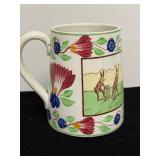 Antique Hand-Painted Stick Spatter Rabbit Ceramic Mug with Bunny Cricket Scene