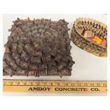 Primitive Wood Spool Trivet and Woven Advertising Basket Set