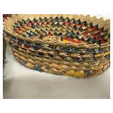Primitive Wood Spool Trivet and Woven Advertising Basket Set