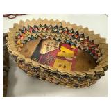 Primitive Wood Spool Trivet and Woven Advertising Basket Set