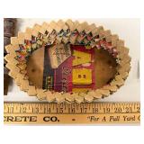 Primitive Wood Spool Trivet and Woven Advertising Basket Set