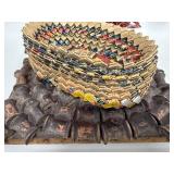 Primitive Wood Spool Trivet and Woven Advertising Basket Set