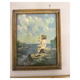 Vintage Framed Print of Child Blowing Bubbles 9x7 Inch