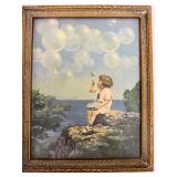 Vintage Framed Print of Child Blowing Bubbles 9x7 Inch