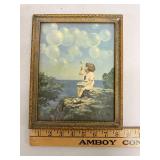 Vintage Framed Print of Child Blowing Bubbles 9x7 Inch