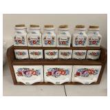 Vintage Ceramic Spice Jar and Drawer Set with Wooden Rack