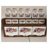 Vintage Ceramic Spice Jar and Drawer Set with Wooden Rack