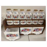 Vintage Ceramic Spice Jar and Drawer Set with Wooden Rack