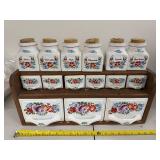 Vintage Ceramic Spice Jar and Drawer Set with Wooden Rack