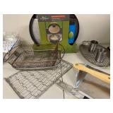 Collection of Grill and Pizza Accessories Including Little Griddle, Baskets, Spatula, and Pizza Peel