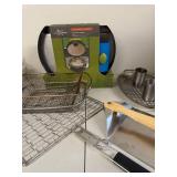 Collection of Grill and Pizza Accessories Including Little Griddle, Baskets, Spatula, and Pizza Peel
