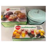 Set of Weck Canning Jars, Vintage Blue Enamelware Baking Dish, and Cheesemaking Supplies