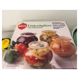 Set of Weck Canning Jars, Vintage Blue Enamelware Baking Dish, and Cheesemaking Supplies