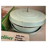 Set of Weck Canning Jars, Vintage Blue Enamelware Baking Dish, and Cheesemaking Supplies