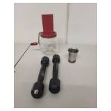 Vintage Androck Nut Chopper, Pair of Dumbbells, and Pewter Shot Glass Set