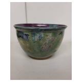 Handmade Pottery Bowl with Purple Interior and Green Glaze, 8 Inch Diameter